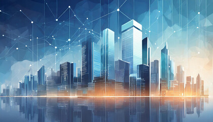 business finance background banner with modern office buildings, financial technology for business