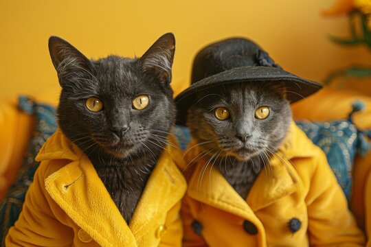 The image captures two black cats dressed in striking yellow raincoats and black hats, giving a human-like fashion pose