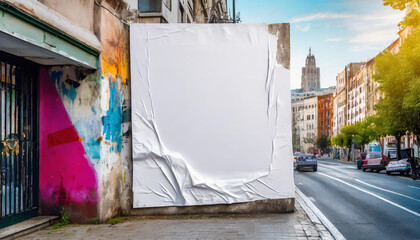 City setting with a crumpled white poster template on a textured wall, displaying an empty street art sticker design resembling urban glued advertising canvas. - obrazy, fototapety, plakaty