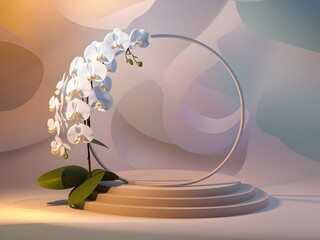  podium display for product mock-up with white orchid on pastel background 