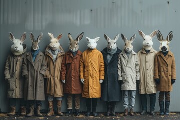 Fototapeta na wymiar A mysterious and eerie row of individuals wearing animal masks, seemingly waiting or posing, creating an unusual and captivating aesthetic