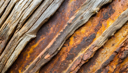 close up of a weathered metal wall resembling the bark of a tree trunk. The rusty surface has a...