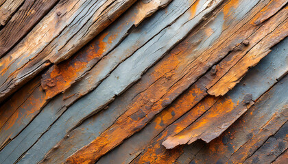 close up of a weathered metal wall resembling the bark of a tree trunk. The rusty surface has a...