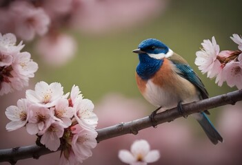 Vibrant Pink and Blue Bird Perched Among Spring Cherry Blossoms in Full Bloom