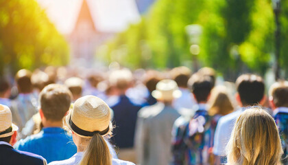 crowd of people on a sunny summer street blurred abstract background in out-of-focus, sun glare image light