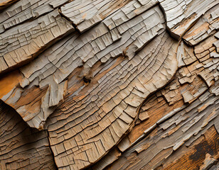 detailed closeup of a cracked brown wall with peeling paint, showcasing a unique pattern resembling wood grain, artfully blending building material and paint into an intriguing visual display