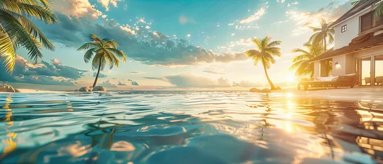 Foto op Plexiglas Tropical Sunset Serenity, Ocean View with Palm Silhouettes, A Canvas of Natures Finest Moments in Paradise © Jahid