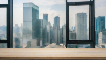 frontal view on empty clean wooden desk workplace; minimalist office background with panoramic view on big city skyline; digital home office concept