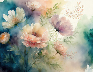 Gentle hues of flowers in watercolor delicately blend into the soft, dreamy background
