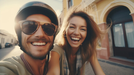 Young smiling couple during partnership riding an old motorcycle. Young people enjoy life and travel through the countryside while shining sun