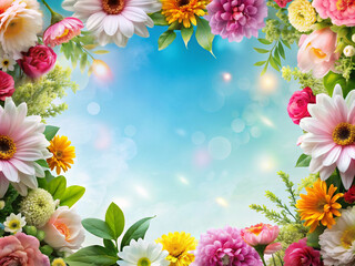  flowers in full bloom frame a bright blue sky with soft, glowing light filtering through