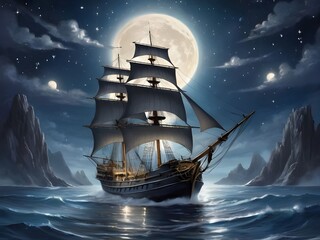 detailed drawing a sailing ship on a moonlit sea under glittering stars Fantasy illustration fine art print, - obrazy, fototapety, plakaty