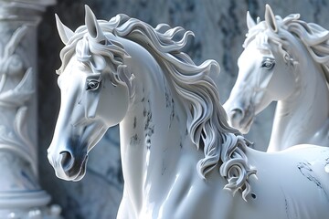 Three white horses with long manes and flowing tails. They are depicted in a marble-like material with a background that appears to be a marble wall. The middle horse is looking lef - obrazy, fototapety, plakaty