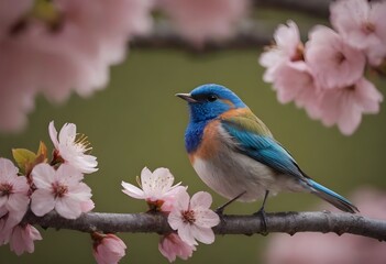 Fototapeta premium Vibrant Pink and Blue Bird Perched Among Spring Cherry Blossoms in Full Bloom