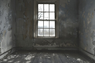 Old window in a dilapidated room with peeling paint on the walls, conveying a sense of abandonment and decay, with natural light coming through the glass.