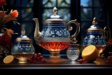 A samovar and porcelain teacups are used in the traditional Russian tea ritual.

