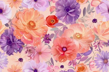 Fototapeta na wymiar Seamless pattern with Colorful boho peony and daisy florals. for nursery decor. 