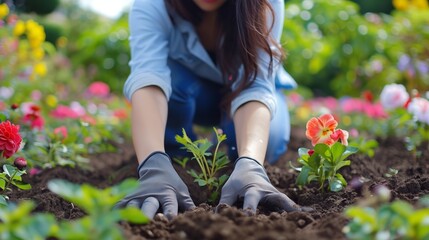 Woman plants a variety of flowers in her garden, creating a blooming paradise that radiates beauty and tranquility throughout the seasons. - Powered by Adobe