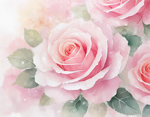 Pastel pink roses on watercolor texture background. Flower wallpaper. Valentine's day backdrop. Vintage