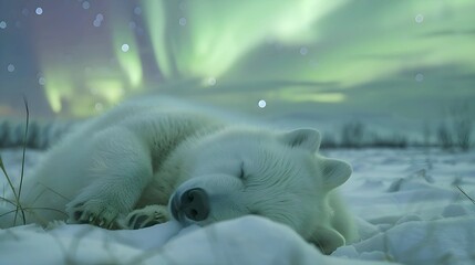 Sleeping Polar Bear Cub under Northern Lights