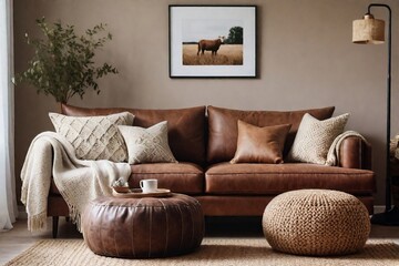 Stylish country-style living room with a brown sofa, lamp, and a decorative frame in a perfect composition.