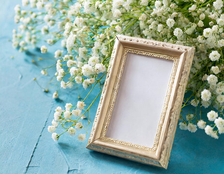 Romantic floral arrangement with white baby's breath flowers and a picture frame on a soft blue backdrop