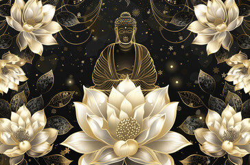 glowing golden buddha and White flower, black background, vector illustration, golden lines