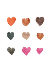Set of multi-colored watercolor hearts in a beautiful style. Colored texture. Heart icon. Modern art