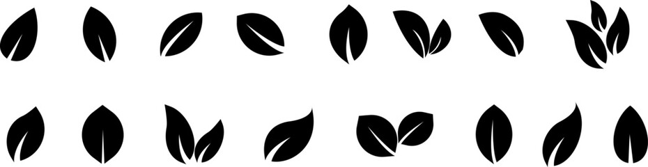 Green leaf vector icons. Eco leaf logo. Simple linear leaves of trees and plants. Elements for eco friendly and bio logo,vegan.  Leaves collection. Ecology leaf symbol. - obrazy, fototapety, plakaty