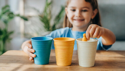 The girl learns colors by playing with wooden cylindrical toy colored human figures and placing them in cups of the appropriate color. The child is happy that he completed the task - obrazy, fototapety, plakaty