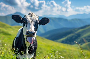 A curious cow sticking out tongue  set against a scenic backdrop of rolling green grass field hills and blue sky on a sunny day.