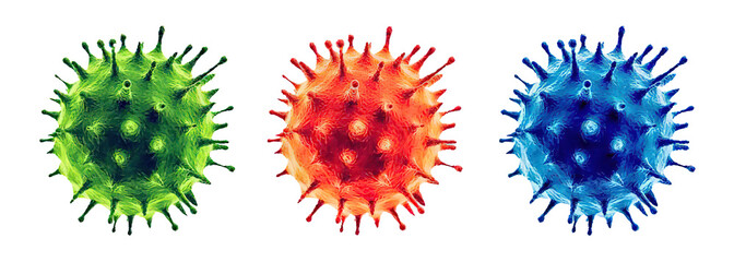 Colorful of illustration three virus particles and variations in microscopic pathogens on PNG transparent background. - obrazy, fototapety, plakaty
