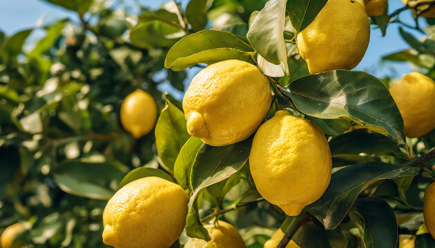 The image shows a bounty of ripe lemons falling from a lush lemon grove. The bright yellow lemons dot the air as they tumble from the branches of the leafy trees