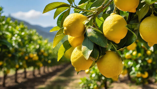 The image shows a bounty of ripe lemons falling from a lush lemon grove. The bright yellow lemons dot the air as they tumble from the branches of the leafy trees