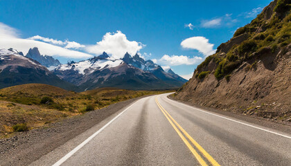 Naklejka premium Travel along asphalt roadway on background of amazing highlands in Patagonia