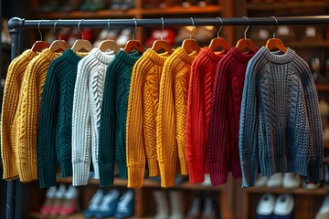 Stylish Women's Fall/Winter Sweaters on Display in Retail Store. Concept Fashion Display, Fall/Winter Styles, Women's Sweaters, Stylish Apparel, Retail Store