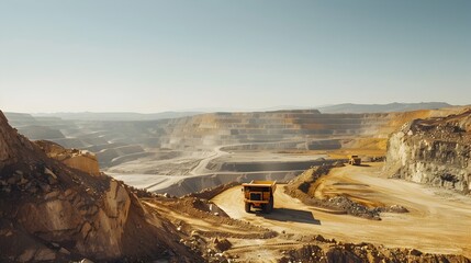 Massive Yellow Mining Truck in Expansive Open Pit Quarry Under Cloudless Sky