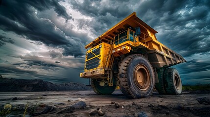 Colossal Yellow Mining Truck Showcasing Power and Scale in Dramatic Cloudy Landscape