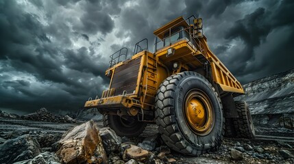 Fototapeta premium Colossal Yellow Mining Truck Showcasing Power and Scale Amidst Dramatic Cloudy Sky