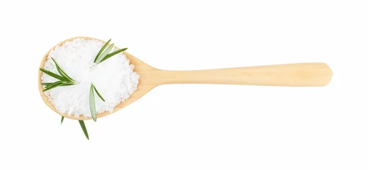 Deurstickers Salt with rosemary in spoon isolated on white, top view © New Africa