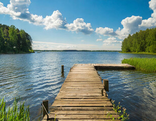 Wooden pier in the lake on a clear summer day