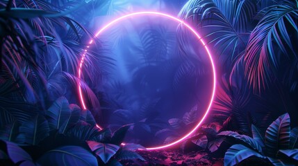 Fototapeta na wymiar A 3D illustration featuring a glowing neon circle with tropical leaves