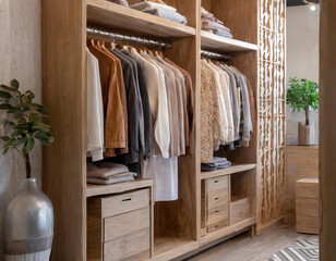 Wooden wardrobe showcases a collection of neatly arranged attire