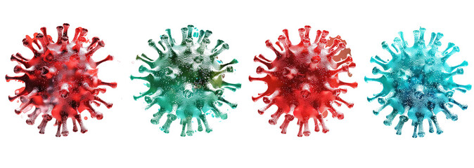 Colorful of illustration four virus particles and variations in microscopic pathogens on PNG transparent background. - obrazy, fototapety, plakaty