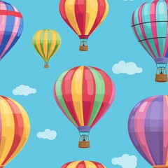 Obraz premium Brightly colored hot air balloons on a sky blue background. seamless pattern