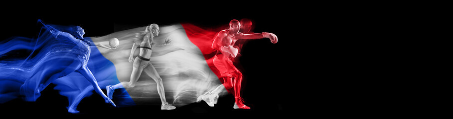 Athletes of different sports, box, run and gymnastics in motion, training on black background with...