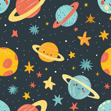 Cartoon planets and stars in a playful, child-friendly space theme. seamless