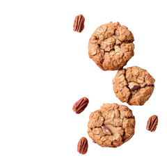 Three pecan cookies stacked on transparent background, finger food on a transparent background