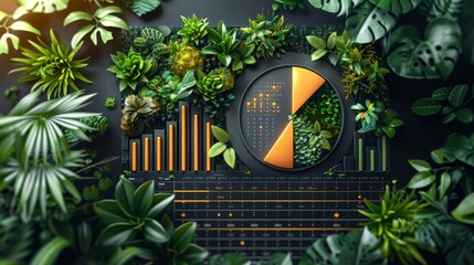 A 3D infographic design featuring a pie chart and bar graph set against a black background