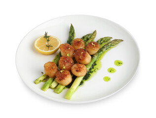 Delicious fried scallops with asparagus, lemon and thyme isolated on white